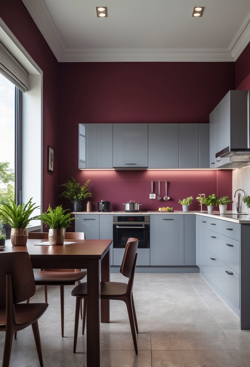 Kitchen Wall Color Combinations: Stylish Ideas for a Fresh Look 13 A modern kitchen with burgundy accent walls and soft gray cabinets, featuring stainless steel appliances and a wooden dining table.
