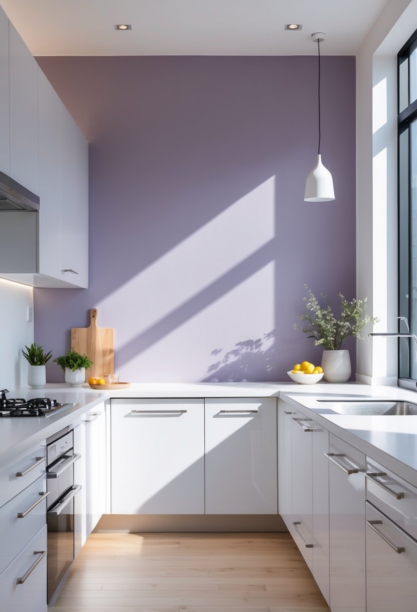 Kitchen Wall Color Combinations: Stylish Ideas for a Fresh Look 14 A modern kitchen with white cabinets and a muted lavender accent wall, featuring a white countertop with a plant and fruit bowl, illuminated by natural light.