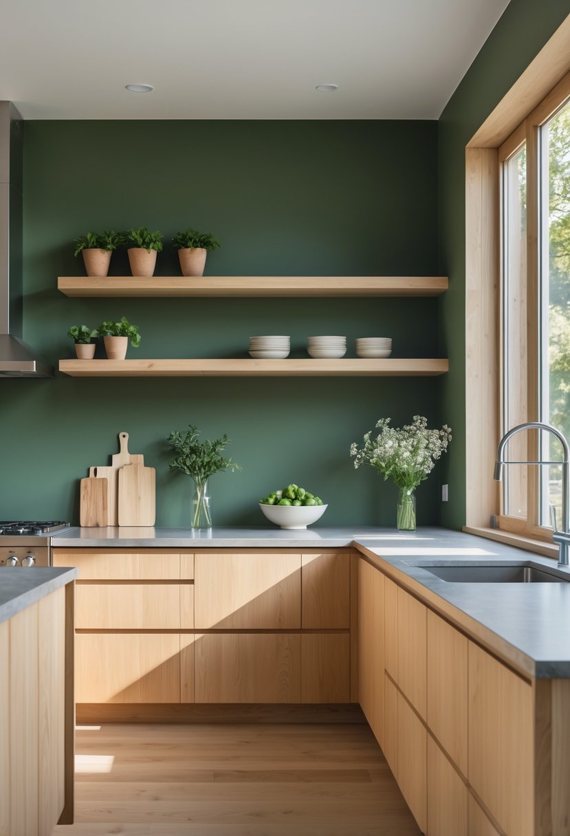 Kitchen Wall Color Combinations: Stylish Ideas for a Fresh Look 15 A kitchen with forest green walls and light oak cabinets, featuring a bright window, stone countertop, and potted plants.