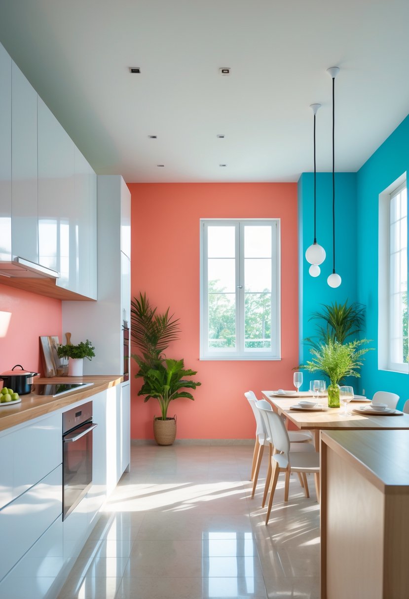 Kitchen Wall Color Combinations: Stylish Ideas for a Fresh Look 16 A kitchen with coral and aqua blue walls, white cabinets, wooden countertops, and green plants near a dining table.