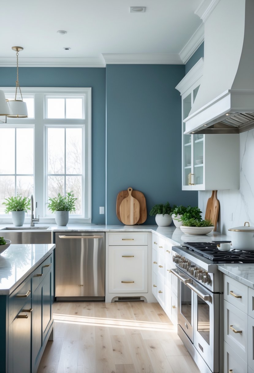 Kitchen Wall Color Combinations: Stylish Ideas for a Fresh Look 17 A modern kitchen with steel blue walls and soft white cabinets, featuring stainless steel appliances, marble countertops, and natural light.