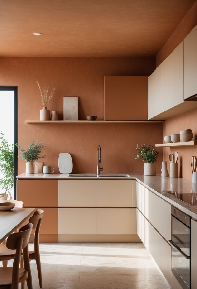 Kitchen Wall Color Combinations: Stylish Ideas for a Fresh Look 18 A modern kitchen with terracotta and soft beige walls, featuring cabinets, countertop, appliances, and decorative plants.