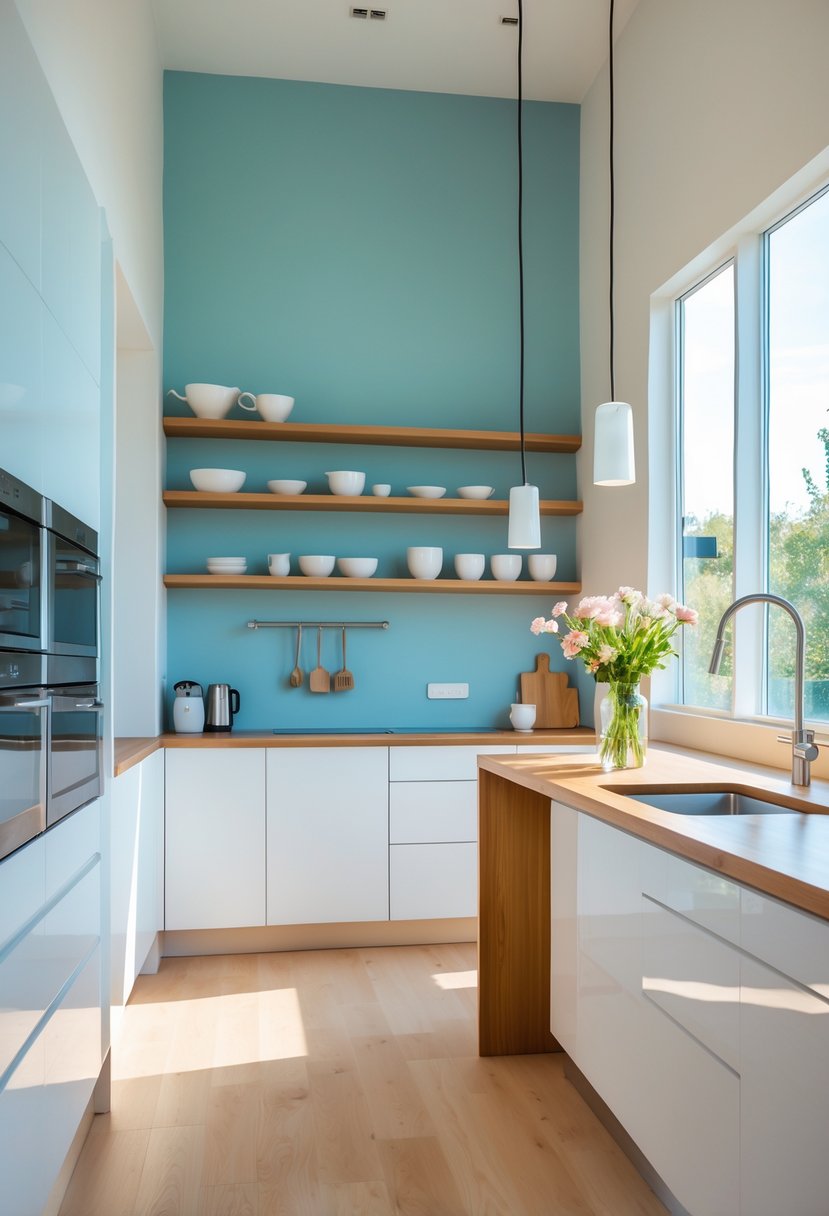 Kitchen Wall Color Combinations: Stylish Ideas for a Fresh Look 19 A modern kitchen with powder blue and warm white walls, white cabinets, wooden shelves, and a wooden countertop island with flowers.