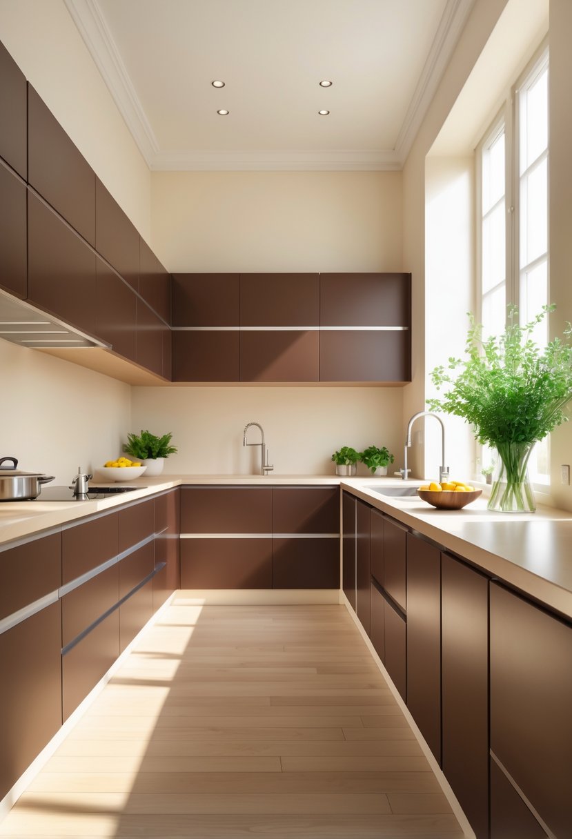 Kitchen Wall Color Combinations: Stylish Ideas for a Fresh Look 20 A modern kitchen with chocolate brown cabinets and cream-colored walls, bright natural light, and a clean, organized countertop.