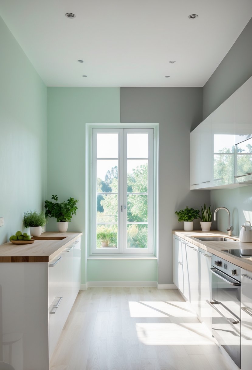 Kitchen Wall Color Combinations: Stylish Ideas for a Fresh Look 21 A modern kitchen with pale mint and light gray walls, white cabinets, wooden countertop, and stainless steel appliances illuminated by natural light.