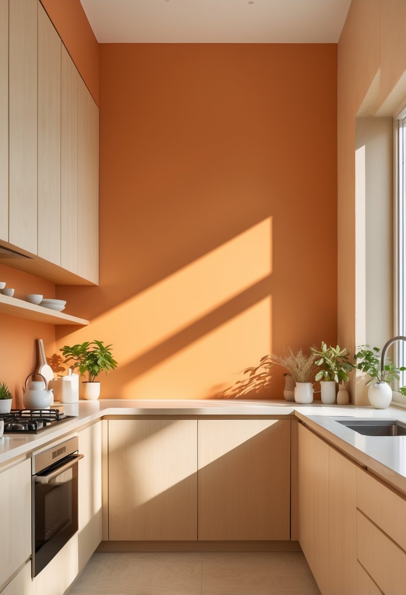 Kitchen Wall Color Combinations: Stylish Ideas for a Fresh Look 22 A modern kitchen with sunset orange and beige walls, light wood cabinets, white countertops, and stainless steel appliances.