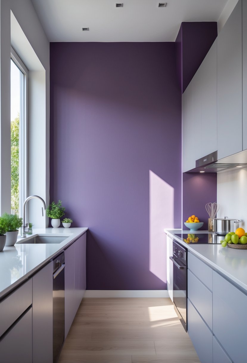 Kitchen Wall Color Combinations: Stylish Ideas for a Fresh Look 23 A modern kitchen with eggplant purple and soft gray walls, featuring sleek cabinetry, stainless steel appliances, and natural light.