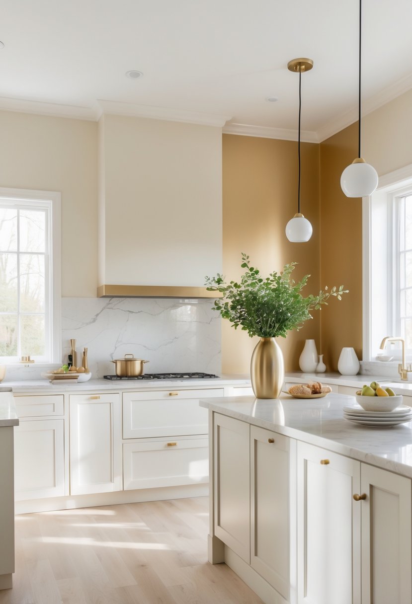 Kitchen Wall Color Combinations: Stylish Ideas for a Fresh Look 24 A spacious kitchen with ivory and soft gold walls, white cabinets, a kitchen island, and natural light coming through large windows.