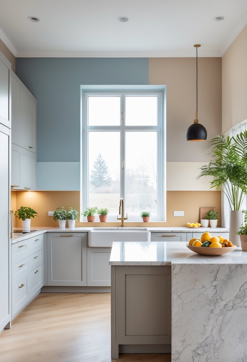 Kitchen Wall Color Combinations: Stylish Ideas for a Fresh Look 26 A modern kitchen with soft pastel and neutral colored walls, large windows, a marble island with fruit, and potted plants.