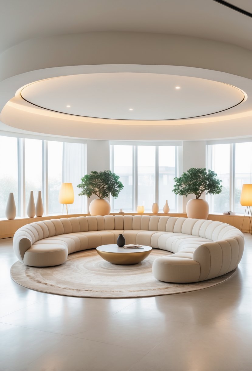 Curved Living Room Furniture Ideas: Stylish Ways To Elevate Your Space 2 A living room with curved sofa, armchair, and coffee table arranged near large windows with natural light.