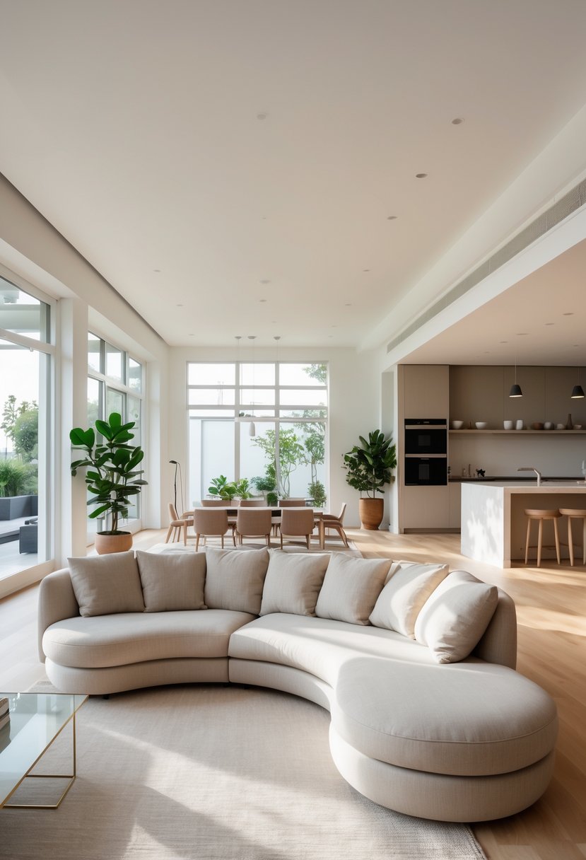 Curved Living Room Furniture Ideas: Stylish Ways To Elevate Your Space 3 Open living room with a large curved sectional sofa and bright natural light.