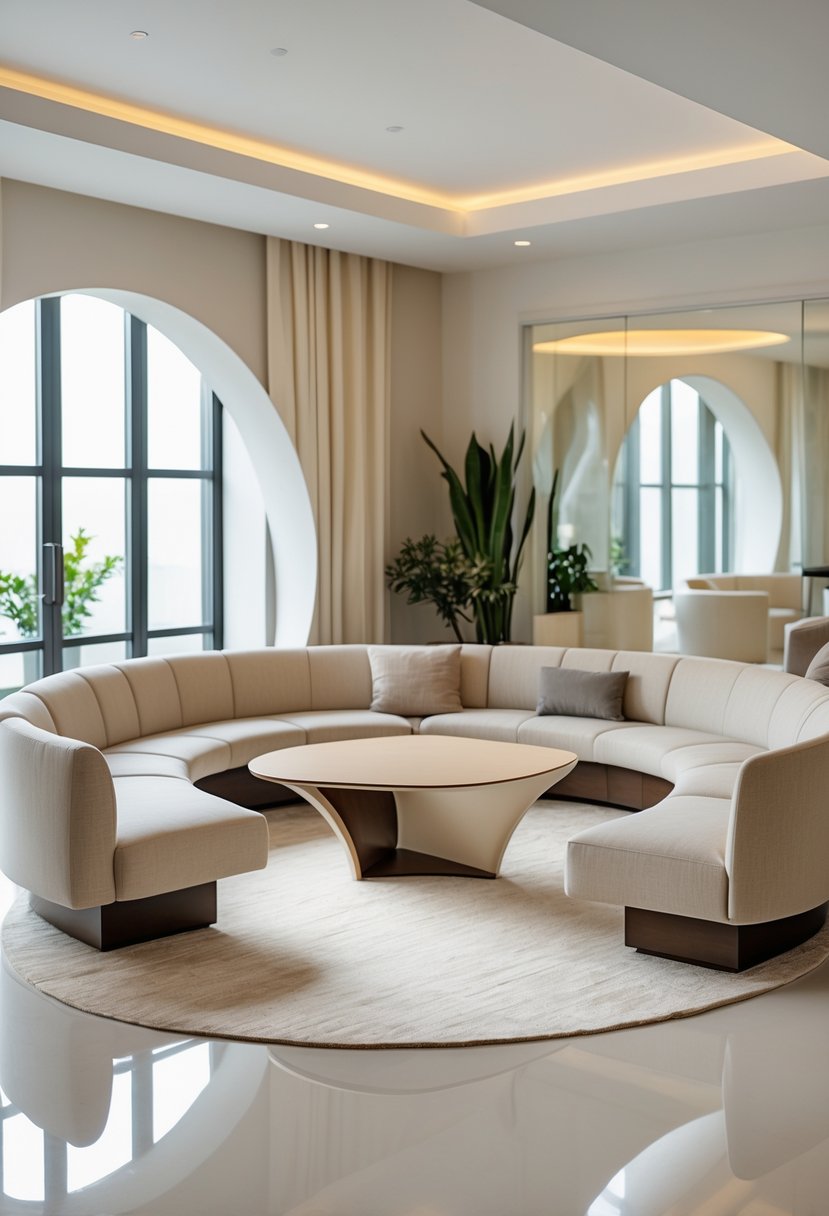Curved Living Room Furniture Ideas: Stylish Ways To Elevate Your Space 4 A living room with an arched coffee table surrounded by curved sofa and armchairs arranged in a semi-circle.