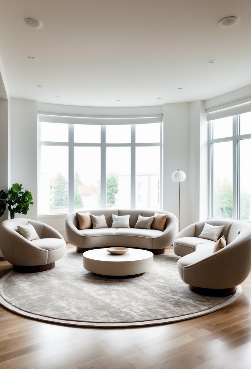 Curved Living Room Furniture Ideas: Stylish Ways To Elevate Your Space 5 A living room with a circular area rug and curved sofa and chairs arranged around a coffee table.