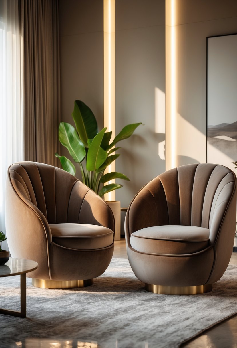 Curved Living Room Furniture Ideas: Stylish Ways To Elevate Your Space 6 Two curved velvet chairs arranged in a living room with a coffee table and soft lighting.