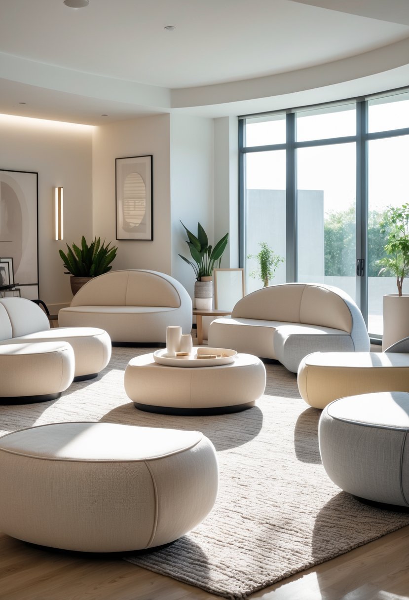 Curved Living Room Furniture Ideas: Stylish Ways To Elevate Your Space 7 A living room with several rounded ottomans arranged around a coffee table, surrounded by curved furniture and natural light.