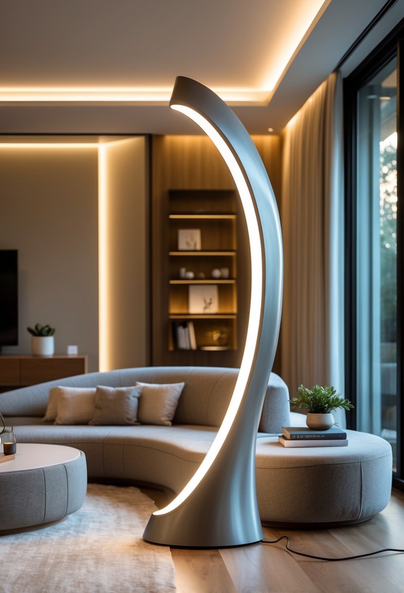 Curved Living Room Furniture Ideas: Stylish Ways To Elevate Your Space 9 A living room with a curved floor lamp next to a curved sofa and coffee table, with natural light coming through large windows.