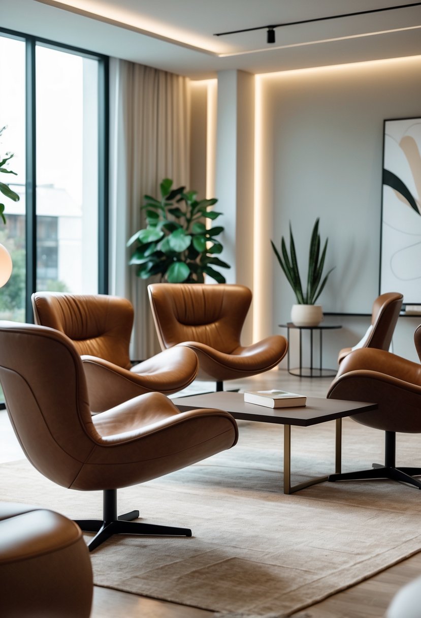 Curved Living Room Furniture Ideas: Stylish Ways To Elevate Your Space 10 A living room with curved-back leather lounge chairs arranged around a coffee table near large windows.