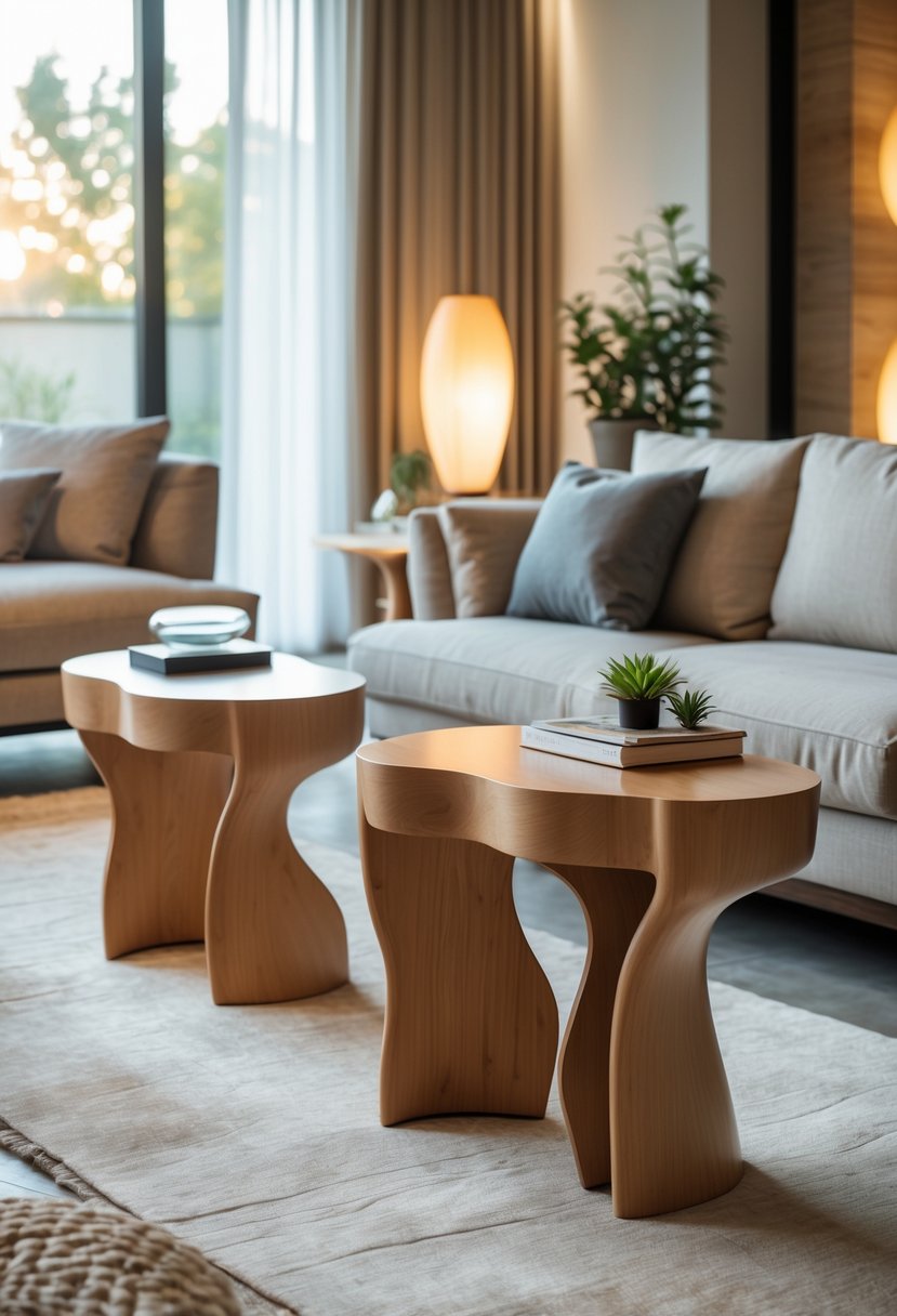 Curved Living Room Furniture Ideas: Stylish Ways To Elevate Your Space 11 A living room with curved wooden side tables next to a sofa, featuring natural light and decorative objects.