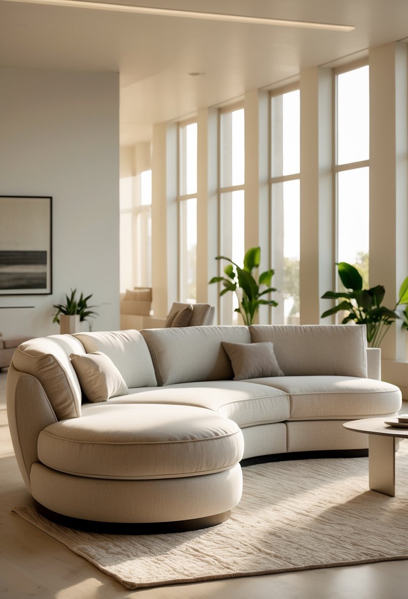 Curved Living Room Furniture Ideas: Stylish Ways To Elevate Your Space 12 A curved sofa with a built-in chaise lounge in a bright living room with a coffee table and plants.