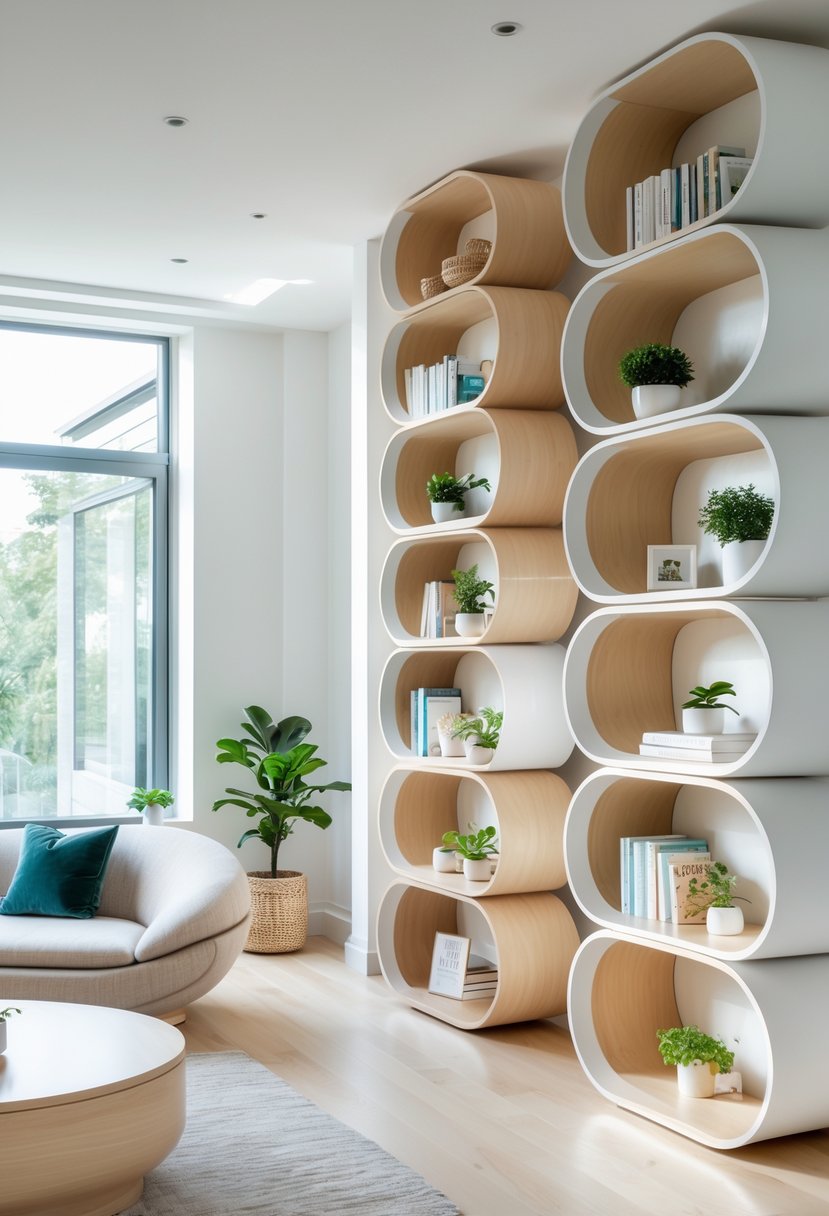Curved Living Room Furniture Ideas: Stylish Ways To Elevate Your Space 13 A living room with rounded bookshelves filled with books and plants, a curved sofa, and a coffee table, all arranged in a bright, inviting space.