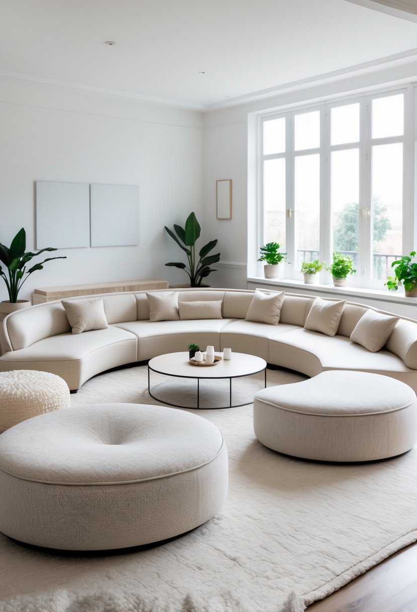 Curved Living Room Furniture Ideas: Stylish Ways To Elevate Your Space 14 A living room with circular poufs arranged around a curved sofa, a coffee table in the center, and natural light coming through large windows.
