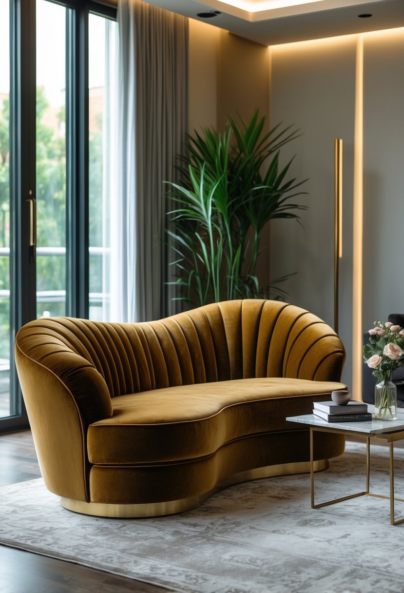 Curved Living Room Furniture Ideas: Stylish Ways To Elevate Your Space 15 A curved velvet loveseat in a bright living room with a coffee table, plants, and large windows letting in natural light.
