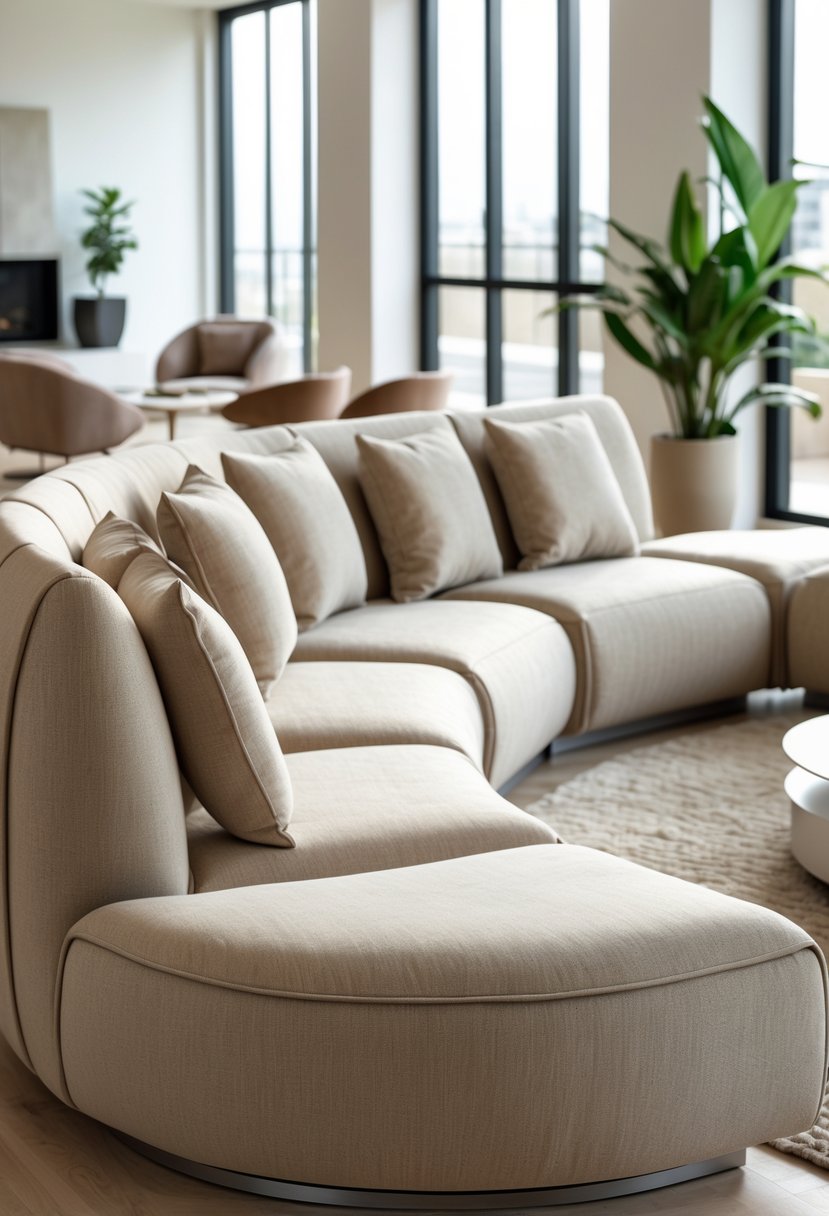 Curved Living Room Furniture Ideas: Stylish Ways To Elevate Your Space 16 A bright living room with curved modular sofa pieces arranged around a coffee table and potted plants.