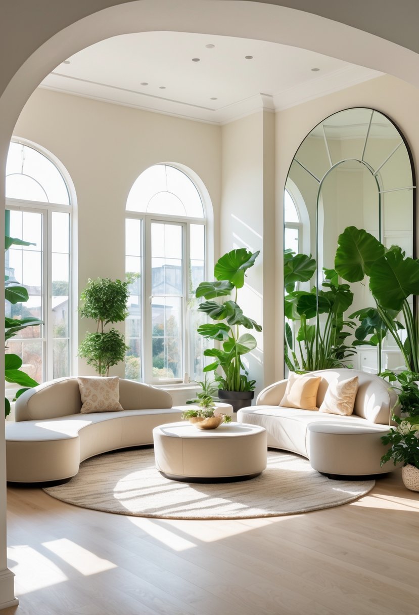 Curved Living Room Furniture Ideas: Stylish Ways To Elevate Your Space 17 A living room with arched mirrors on the walls, curved sofa and chairs, a round coffee table, plants, and large windows letting in sunlight.