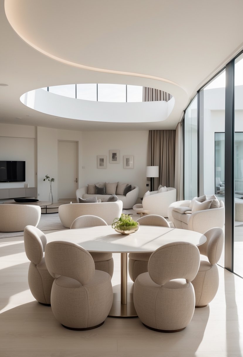 Curved Living Room Furniture Ideas: Stylish Ways To Elevate Your Space 18 A bright interior showing rounded dining chairs around a table next to a living room with curved furniture.