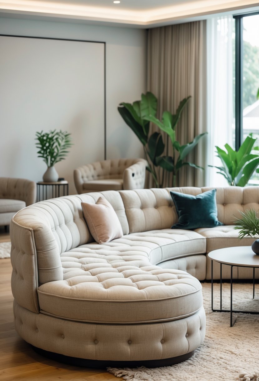 Curved Living Room Furniture Ideas: Stylish Ways To Elevate Your Space 19 A living room with curved fabric sofas arranged around a coffee table in a bright and inviting space.