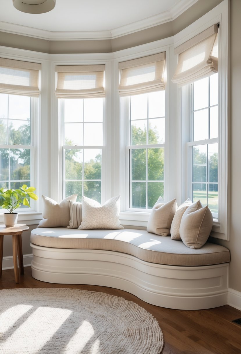 Curved Living Room Furniture Ideas: Stylish Ways To Elevate Your Space 20 A curved bench seating area built into a window nook with cushions and pillows, surrounded by a side table, plant, lamp, and rug in a living room.