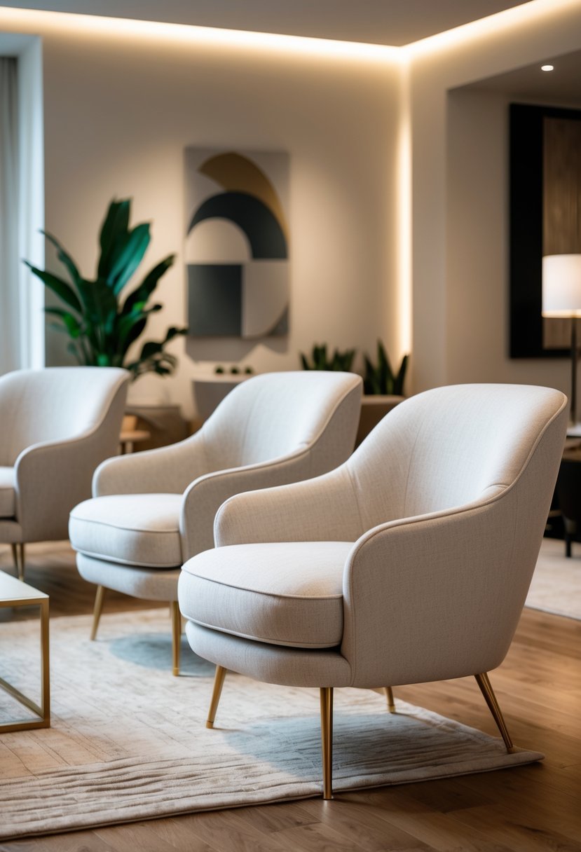 Curved Living Room Furniture Ideas: Stylish Ways To Elevate Your Space 21 A living room with soft curved armchairs with brass legs arranged around a coffee table on a wooden floor.