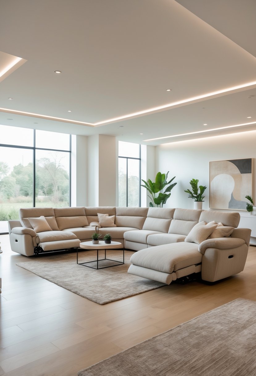Curved Living Room Furniture Ideas: Stylish Ways To Elevate Your Space 22 A spacious living room with a large curved sectional sofa featuring adjustable recliners, surrounded by modern decor and natural light.