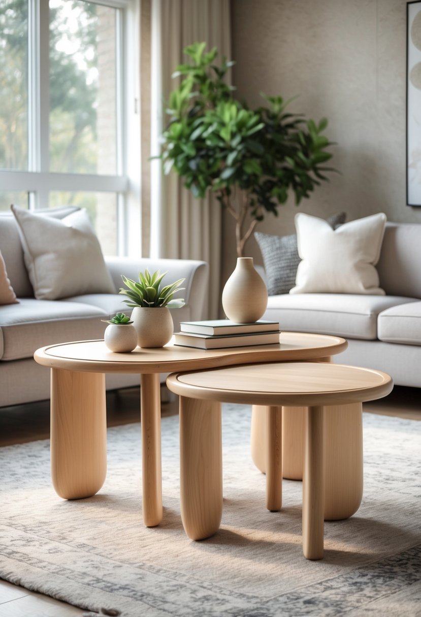 Curved Living Room Furniture Ideas: Stylish Ways To Elevate Your Space 23 A living room with rounded nesting tables in front of a sofa, decorated with plants and books.