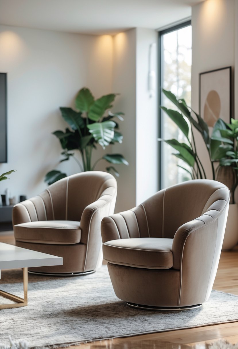 Curved Living Room Furniture Ideas: Stylish Ways To Elevate Your Space 24 A living room with two curved velvet swivel chairs around a coffee table, with natural light and decorative elements.