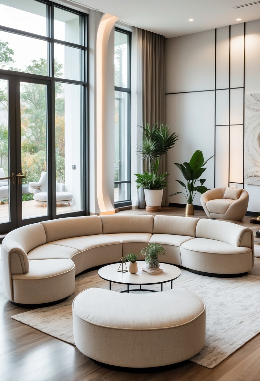 Curved Living Room Furniture Ideas: Stylish Ways To Elevate Your Space 25 A bright living room with curved sofa, coffee table, and lounge chair arranged around a rug with plants and large windows in the background.