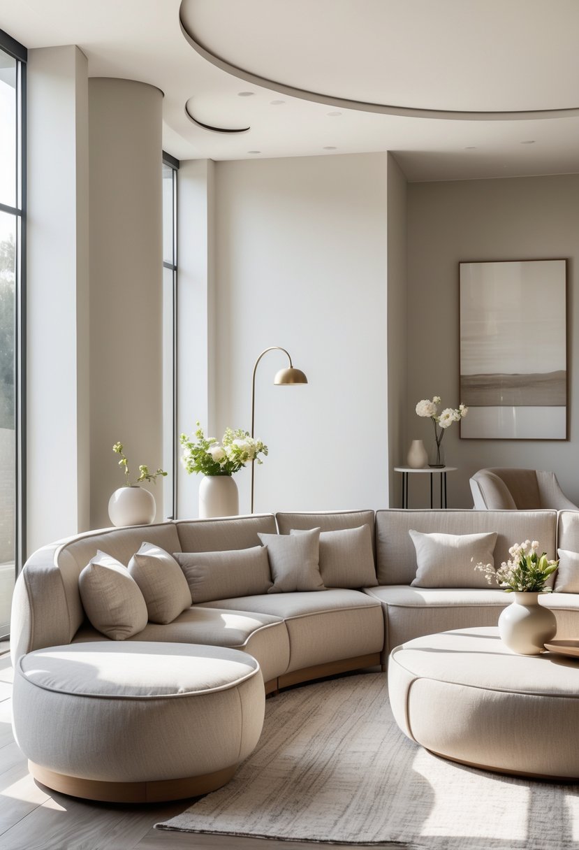 Curved Living Room Furniture Ideas: Stylish Ways To Elevate Your Space 26 A living room with curved sofa, rounded coffee table, and curved lounge chair arranged in a bright, inviting space.