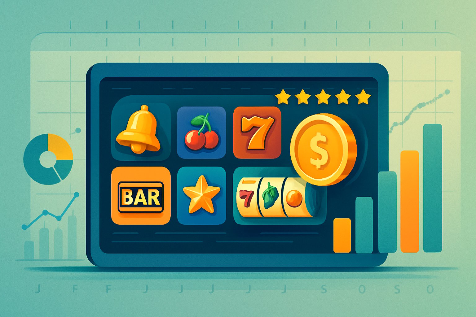 Ilustrasi profesional yang menampilkan berbagai ikon permainan slot online berwarna-warni dengan elemen kalender dan grafik peringkat di latar belakang.