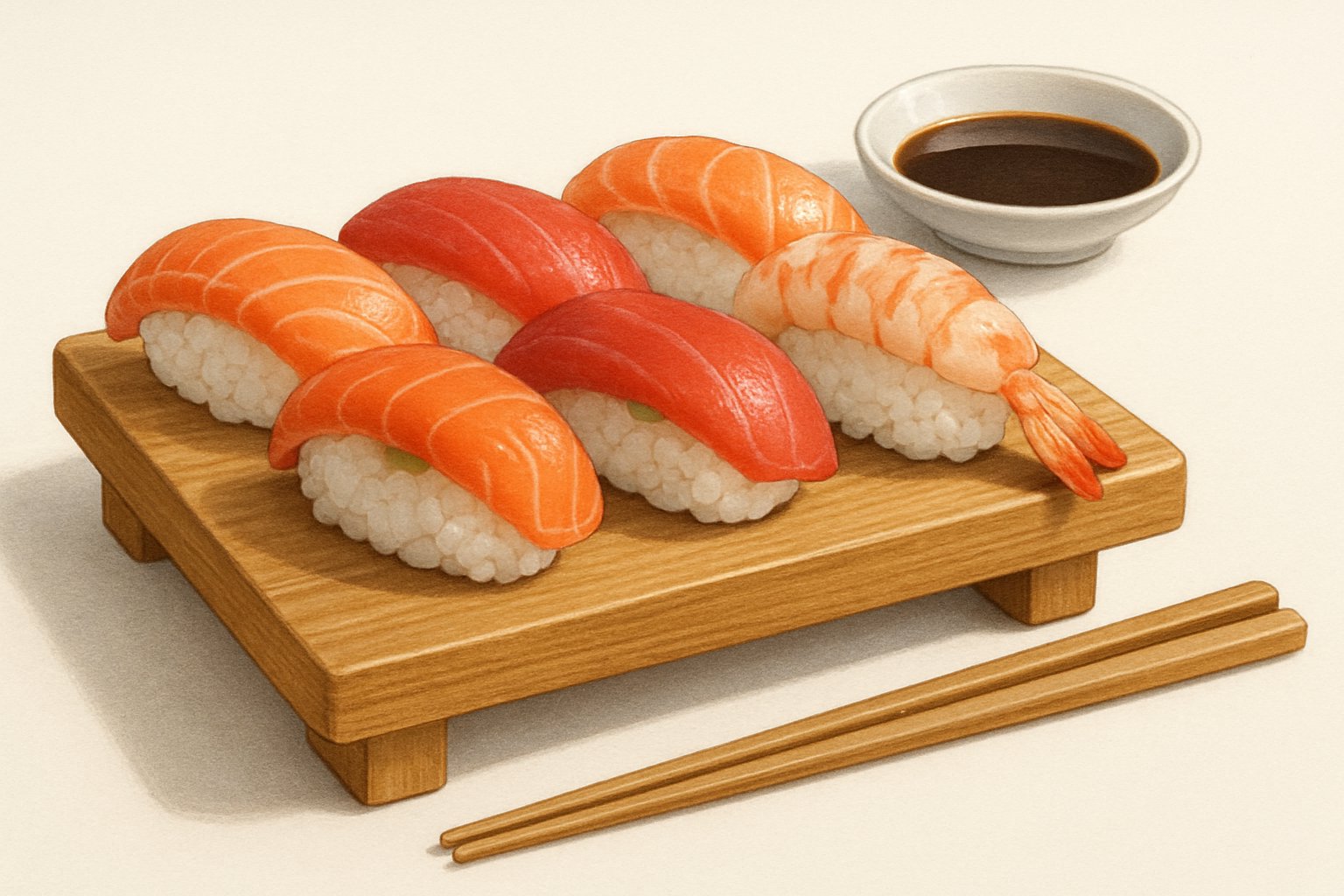 A wooden sushi board with several pieces of nigiri sushi topped with slices of raw fish, accompanied by chopsticks and a small dish of soy sauce.