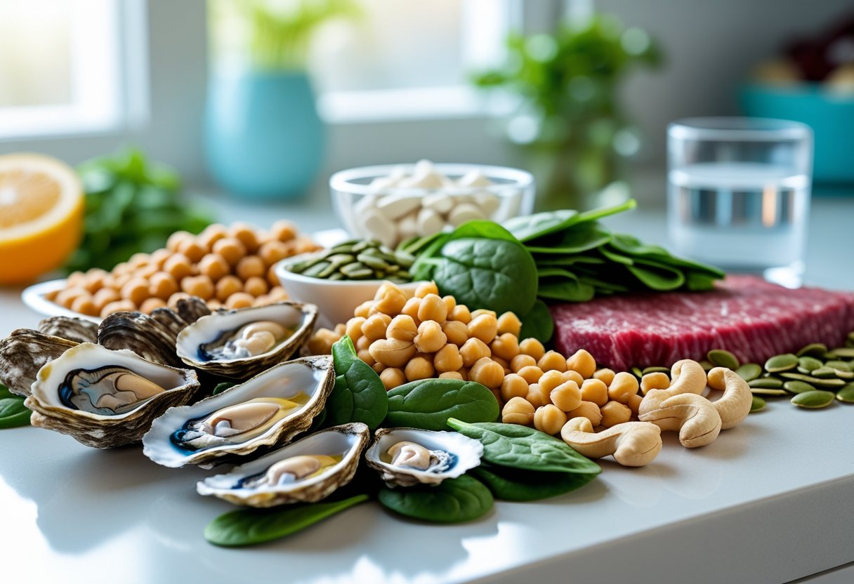 Close-up of zinc-rich foods like oysters, pumpkin seeds, cashews, chickpeas, spinach, and red meat arranged on a kitchen countertop with a glass of water and a bowl of supplement tablets in the background.