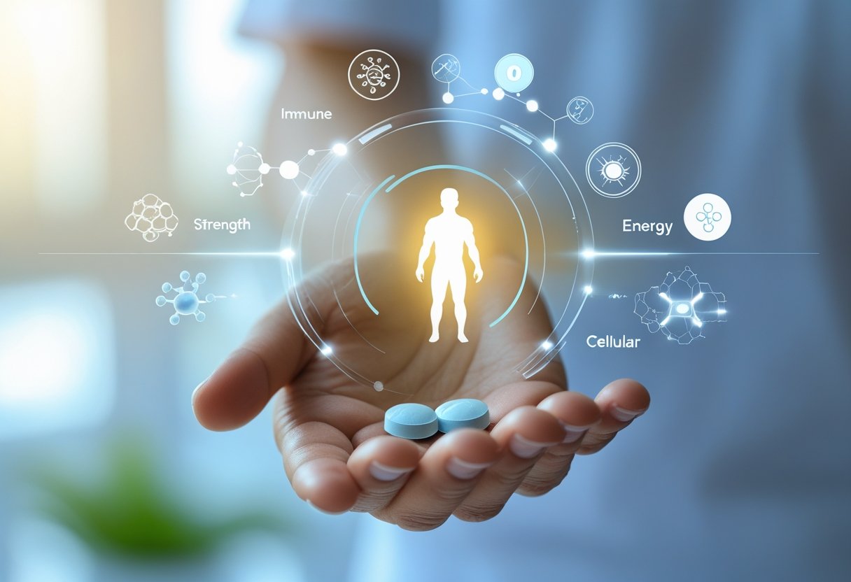 A hand holding a zinc supplement tablet with digital health icons and a glowing human silhouette in the background.