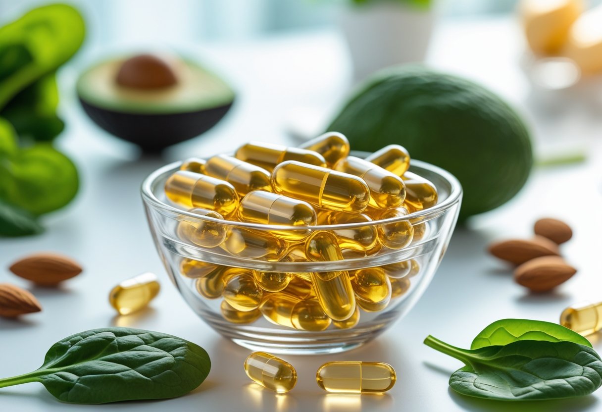 A bowl of golden vitamin E capsules surrounded by spinach leaves, avocado slices, and almonds on a white surface.