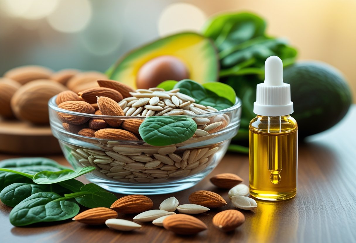 A bowl of almonds, sunflower seeds, spinach, and avocados next to a bottle of vitamin E oil on a wooden table.