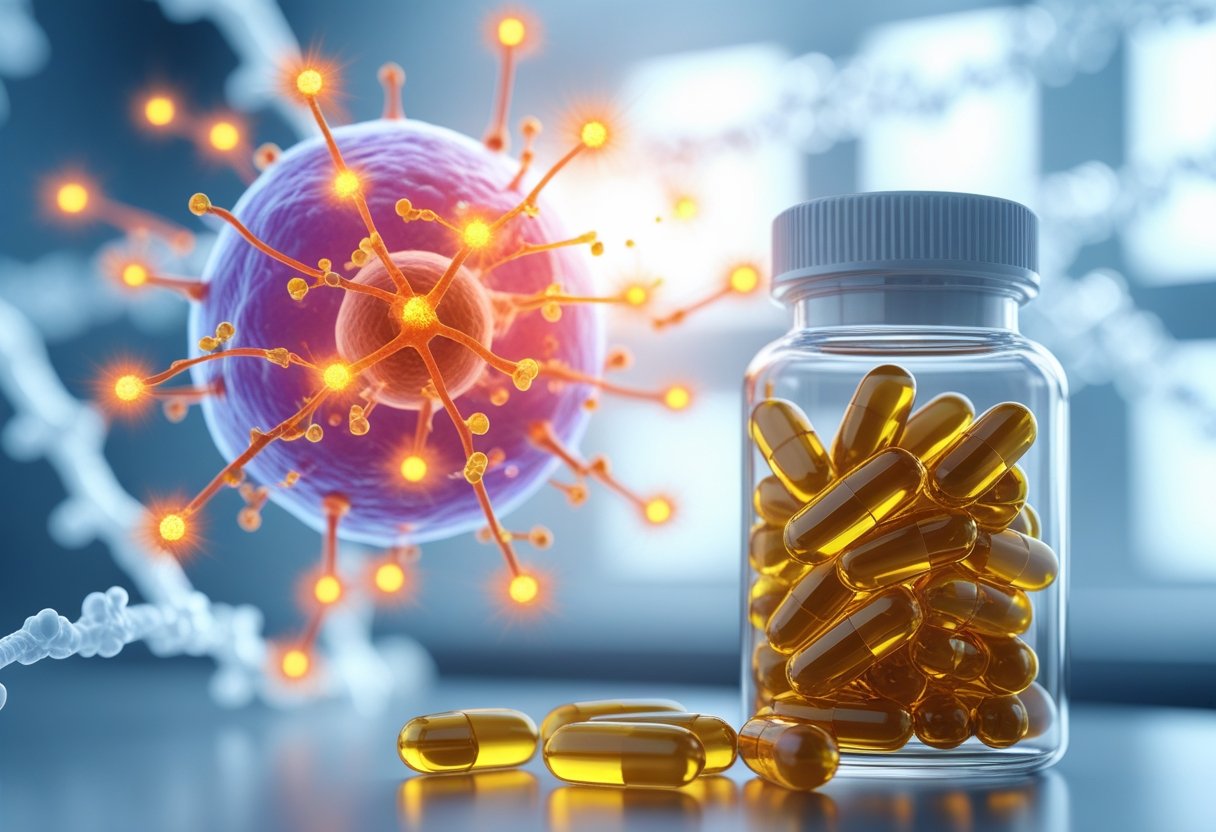 Close-up of a healthy human cell surrounded by glowing molecules with vitamin E capsules in the foreground on a bright laboratory background.