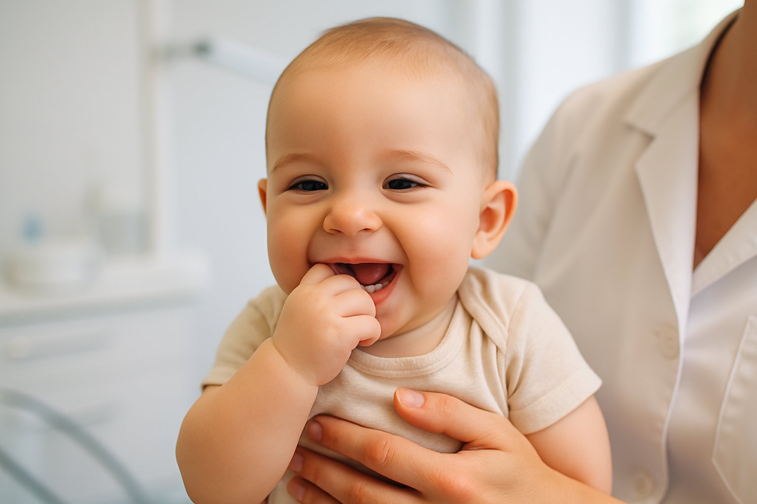 A smiling baby being gently held by an adult in a modern clinic, showing a tender moment during teething.
