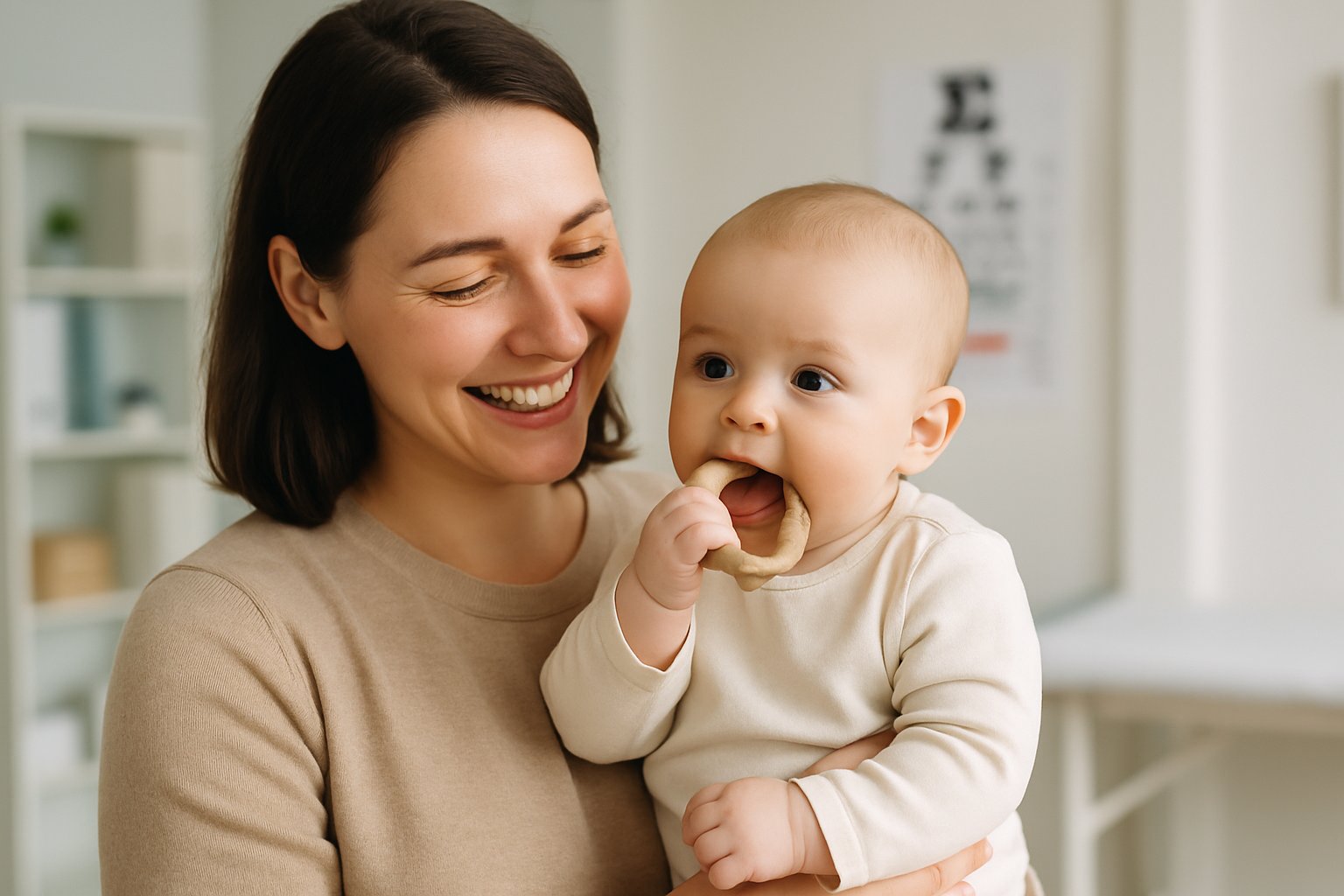 A mother holding her baby in a pediatric clinic while the baby touches their gums with a teething toy.