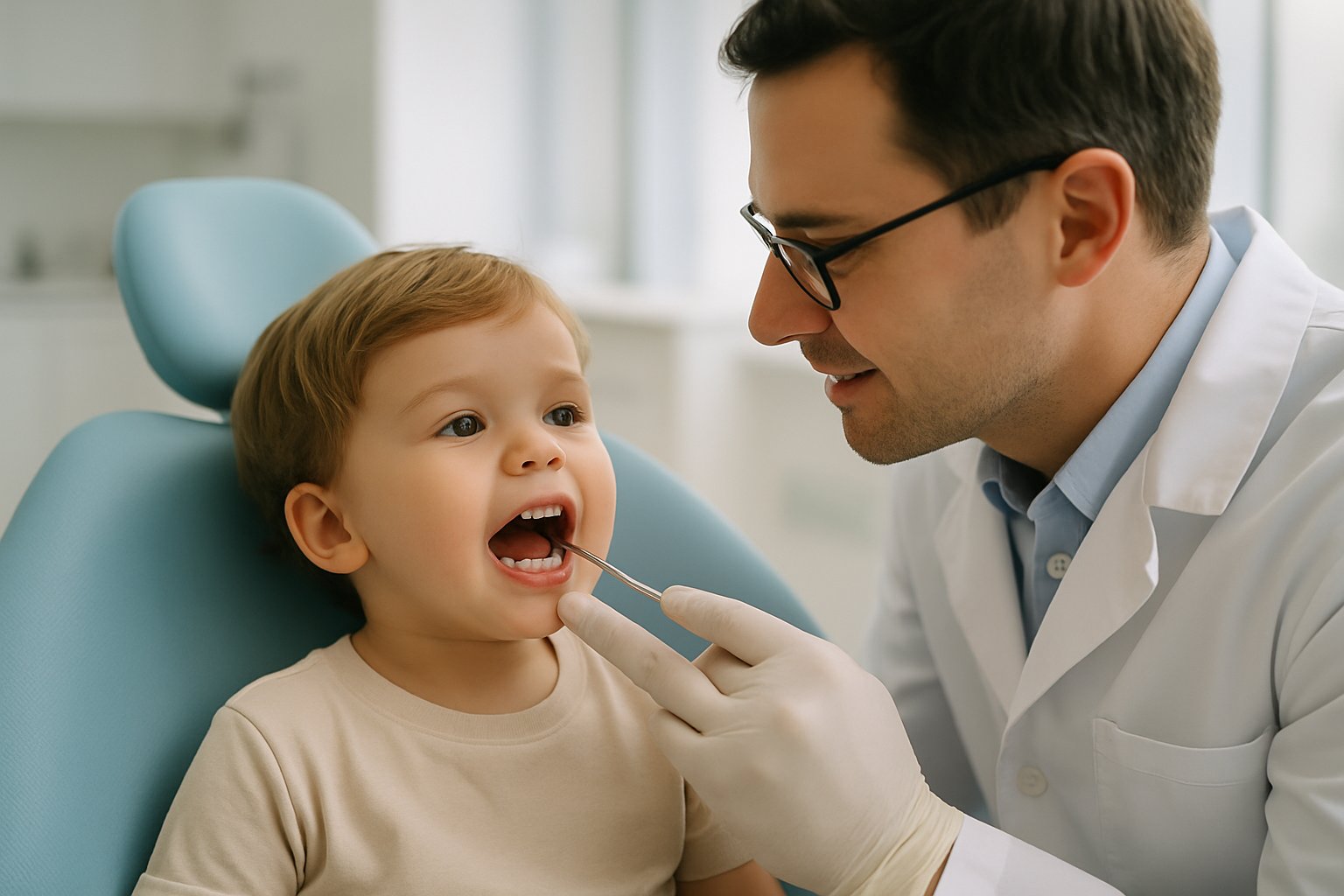 A pediatric dentist gently examining a young child's teeth in a modern dental clinic.