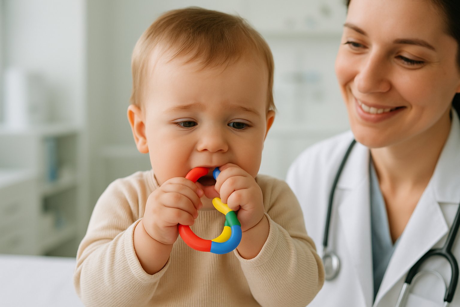 A young child chewing on a teething toy in a modern clinic with a caregiver watching nearby.