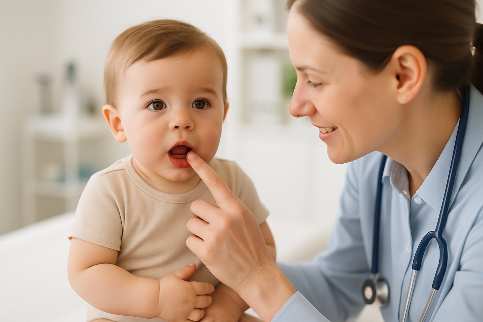 A healthcare professional gently examining a young child's mouth in a modern pediatric clinic.