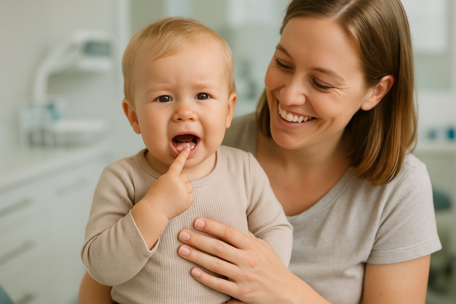 A toddler sitting on a parent's lap in a modern clinic, gently touching their gums while the parent soothes them.